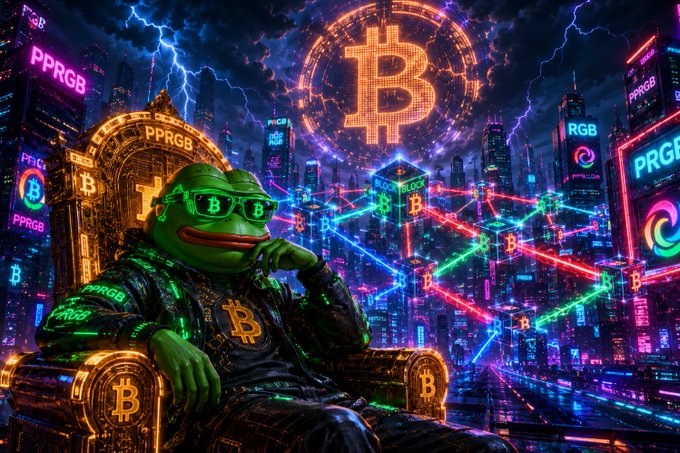 A vibrant, neon-colored digital art image of a Pepe the Frog character wearing Bitcoin-themed clothing and sunglasses, sitting on a throne with Bitcoin logos and 'PPRGB' and 'RGB' text in a futuristic cityscape.