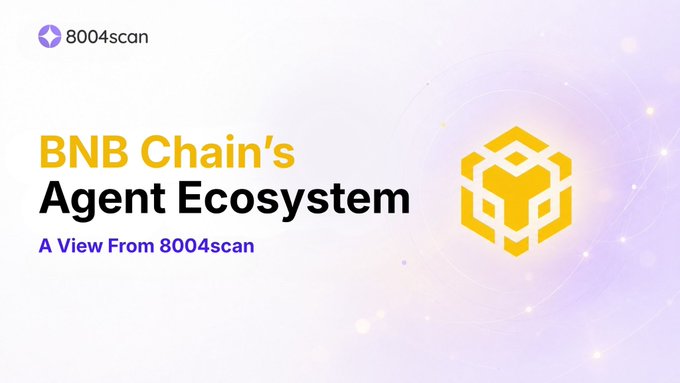 A promotional graphic featuring the 8004scan logo and the headline "BNB Chain's Agent Ecosystem - A View From 8004scan" alongside a yellow hexagonal/cube icon, illustrating the platform's role in tracking the 270K+ AI agents (representing ~61% across all chains) registered on BSC.
