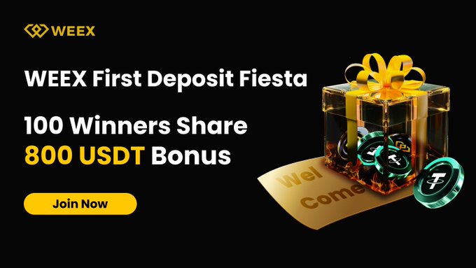 The image features a black background with a gold banner that says "WEEX First Deposit Challenge is LIVE! 800U = 100 Winners Activity Rules : 40 USDT → 2 USDT Bonus : 60 USDT → 4 USDT Bonus : 80 USDT → 6 USDT Bonus : 100 USDT → 8 USDT Bonus Finish Gleam Task: gleam.io/GbfXM/weex-fir". The image also includes a small gift box with a yellow ribbon on top, which is placed in the center of the banner.

The text "WEEX" and "first deposit fiesta" are written at the top of the image, while "100 winners share 800 USDT bonus" is displayed below it. Below that, there's an image of a gift box with a yellow ribbon on top, placed in the center of the banner. The bottom part of the image features text that reads "join now".