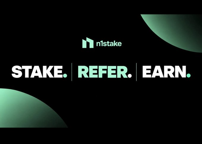 A promotional graphic with a black background featuring the 'n1stake' logo and the text 'STAKE. | REFER. | EARN.'
