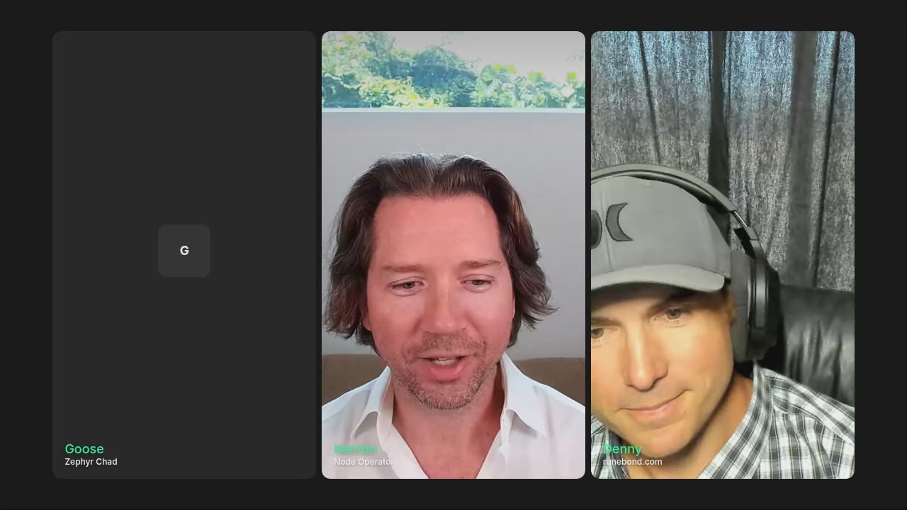 The image shows two men wearing headphones having a video call with each other. They are both looking at the camera while talking, creating an engaging conversation between them. The background of the image features a window overlooking trees, adding a natural element to the scene. The caption below the image provides information about the podcast they are discussing and mentions that it is available on the official @THORChain podcast.
