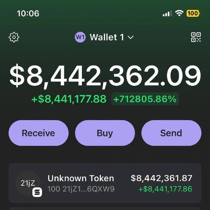 A cryptocurrency wallet screenshot showing a balance of $8,442,362.09 with a gain of +$8,441,177.88 (+712805.86%), featuring 'Receive', 'Buy', and 'Send' buttons.