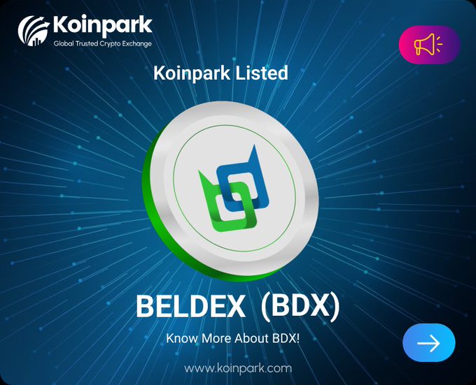 A promotional graphic for Koinpark cryptocurrency exchange announcing the listing of BELDEX (BDX) token, with a 'Know More About BDX!' button.