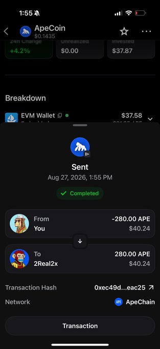 A mobile screenshot of an ApeCoin transaction showing a 'Sent' status of 280.00 APE ($40.24) from 'You' to '2Real2x' on the ApeChain network, completed on Aug 27, 2026.