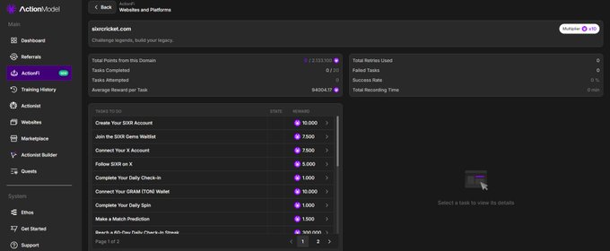A dashboard interface for ActionRocket showing a 'Website and Platforms' section with tasks completed from a domain, including a list of social media tasks and points earned.
