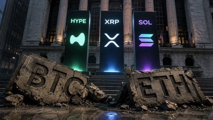 The image shows illuminated digital billboards displaying "HYPE," "XRP," and "SOL" standing upright behind broken stone blocks inscribed with "BTC" and "ETH" at the steps of a grand classical building, symbolizing the addition of Hyperliquid's $HYPE token to Hashdex's Nasdaq Crypto Index US ETF (NCIQ) alongside established cryptocurrencies.