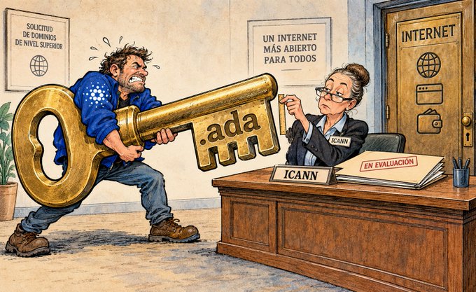 A political cartoon showing a struggling man clutching a large golden key labeled '.ada' while an ICANN official evaluates his application, with signs reading 'SOLICITUD DE DOMINIOS DE NIVEL SUPERIOR' and 'UN INTERNET MÁS ABIERTO PARA TODOS'.