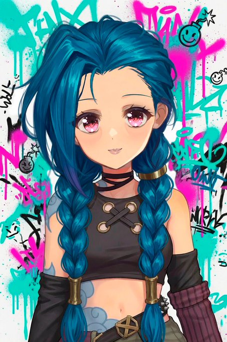 An anime-style illustration of a female character with long blue braided hair, pink eyes, and a black outfit, set against a graffiti-covered background.