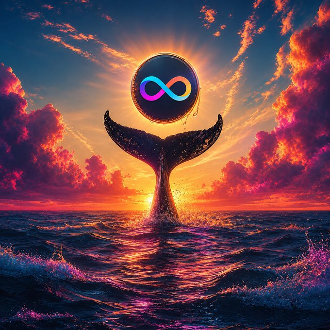 A digital artwork showing a whale's tail emerging from the ocean at sunset, with a glowing infinity symbol in a circular frame above it against a dramatic orange and pink sky.