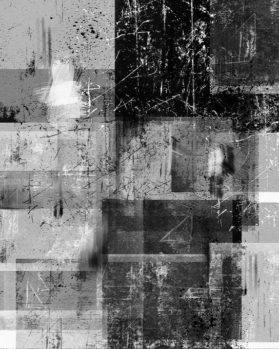 An abstract black and white artwork featuring textured squares, scratches, and splatters in a grunge style.