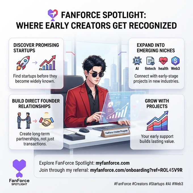 A promotional infographic for 'FanForce Spotlight' titled 'WHERE EARLY CREATORS GET RECOGNIZED' features an illustration of a man in a red jacket at a laptop, with sections for 'DISCOVER PROMISING STARTUPS,' 'EXPAND INTO EMERGING NICHES,' 'BUILD DIRECT FOUNDER RELATIONSHIPS,' and 'GROW WITH PROJECTS,' plus the referral link myfanforce.com/onboarding?ref=ROL45V9R.