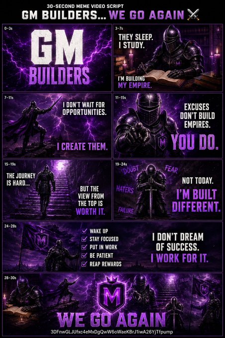 A 30-second meme video script titled 'GM BUILDERS... WE GO AGAIN' featuring purple-themed knight imagery with motivational text across multiple panels including 'THEY SLEEP, I STUDY', 'EXCUSES DON'T BUILD EMPIRES. YOU DO.', and 'I'M BUILT DIFFERENT.'