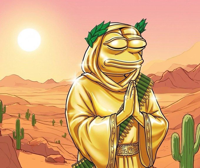 Cartoon illustration of a golden Pepe the Frog character styled as a Roman/praying figure with a laurel wreath and toga, standing with hands clasped in prayer in a desert landscape with cacti and a setting sun.