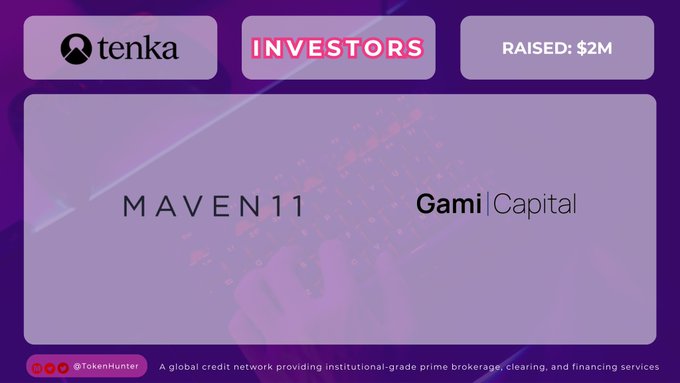 A promotional graphic for Tenka showing investors Maven11 and Gami Capital, with $2M raised, described as a global credit network providing institutional-grade prime brokerage, clearing, and financing services.