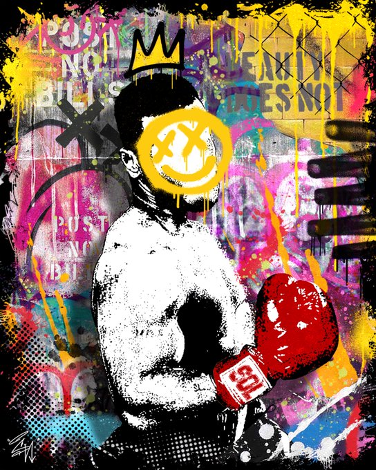 A vibrant, graffiti-style street art poster featuring a black-and-white boxer wearing a red glove, with a yellow XO smiley face over his head, a crown above, and text reading 'POST NO BILLS' and 'DESNU' against a colorful paint-splattered background.