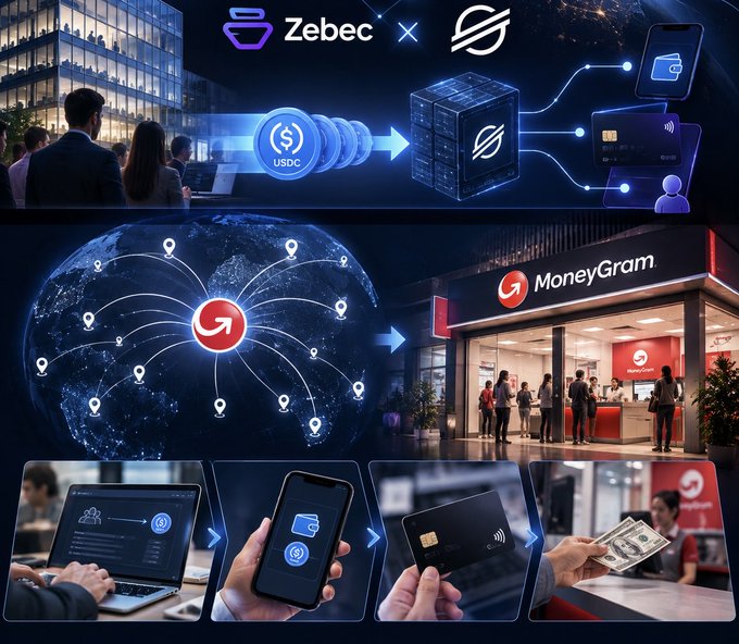 A digital graphic illustrates financial transactions, featuring logos for 'Zebec' and 'MoneyGram', along with icons representing cryptocurrency (USDC), credit cards, and cash.