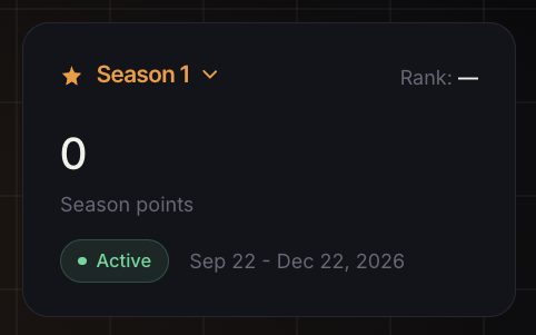 A Season 1 leaderboard card displays "0" Season points with an Active status indicator, running from Sep 22 - Dec 22, 2026, and no rank assigned, likely tracking early participation in DAWN's newly launched USD.infra Vault rewards program.