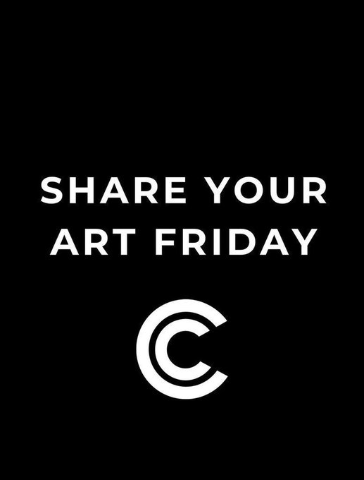 A black graphic with white text reading 'SHARE YOUR ART FRIDAY' positioned above a white circular logo resembling a copyright or creative commons symbol.