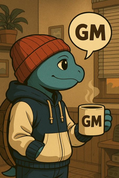 An illustration of a blue cartoon turtle wearing a red beanie and hoodie, holding a steaming mug with a speech bubble both displaying 'GM'.