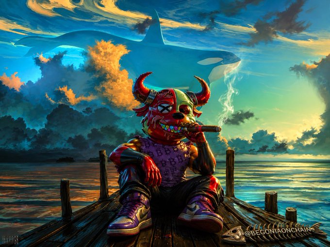 A vibrant digital artwork depicts a horned devil-like figure in a red hockey mask and purple clothing sitting on a wooden dock smoking, with a large orca whale silhouette in the dramatic clouds behind it, signed '@becomingonchains'.