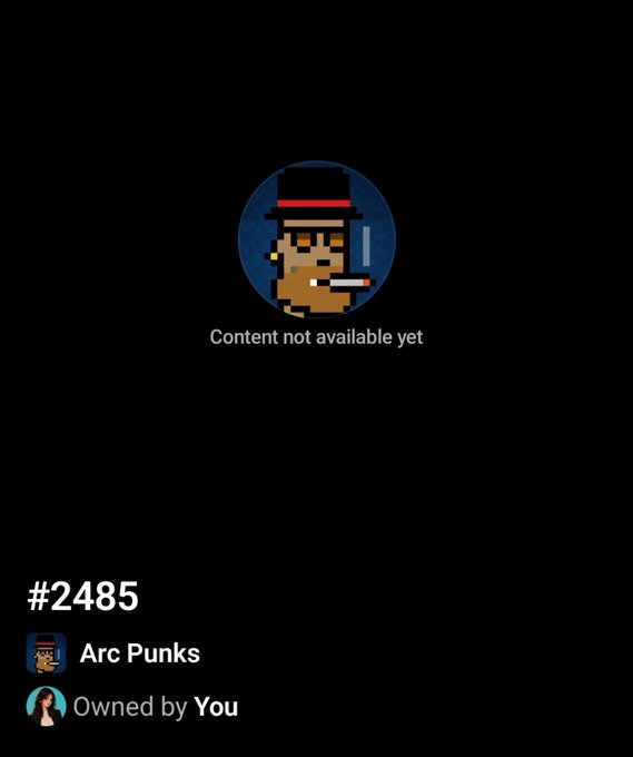 A screenshot showing an NFT from the 'Arc Punks' collection, #2485, which is 'Owned by You' but has a 'Content not available yet' message.