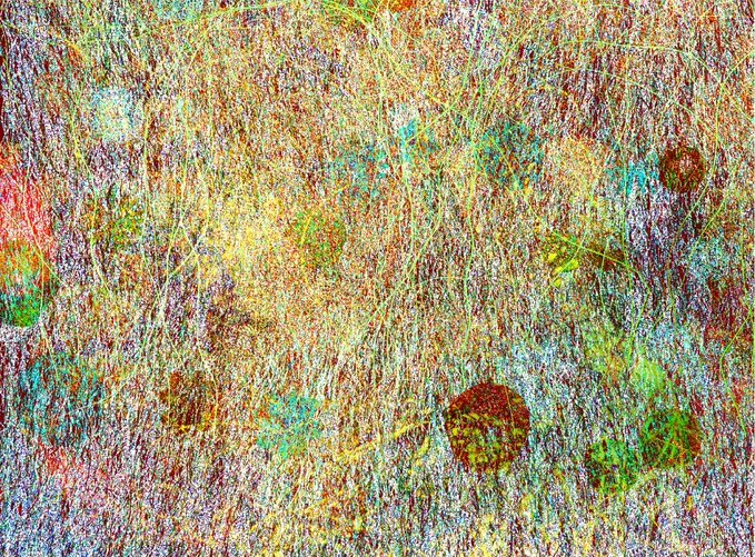 A highly textured, impressionistic painting with dense, multicolored brushstrokes resembling a field of wildflowers with hints of green, red, and yellow.