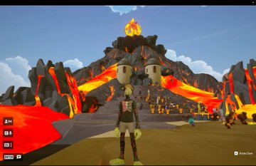 A low-poly 3D game screenshot showing a character in a striped shirt standing before a volcano with lava flows and stone heads.