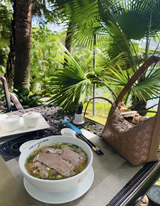 A bowl of pho with sliced beef sits on a table set outdoors among tropical palm trees, accompanied by a woven brown handbag and chopsticks.