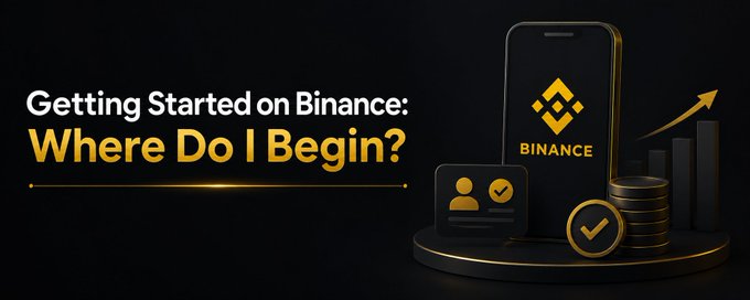 The image is a promotional banner with a black and gold color scheme, featuring the text "Getting Started on Binance: Where Do I Begin?" alongside a smartphone displaying the Binance logo, an ID verification card icon, stacked coins, and an upward-trending growth chart. 

This visual reinforces the post's message by symbolizing the onboarding journey—starting with identity verification (shown by the ID card), familiarizing oneself with the platform (represented by the phone and Binance logo), and ultimately aiming for financial growth (depicted by the rising chart and coins).
