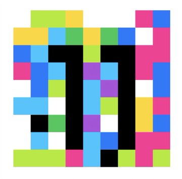 A pixel art design featuring a black letter 'T' or cross shape set against a chaotic background of brightly colored squares in pink, blue, green, yellow, and white.