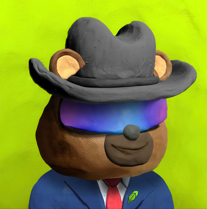 A claymation-style bear wearing a cowboy hat, blue suit, and red tie sports a futuristic blue visor, whimsically illustrating the unique, immersive experience that NFTs provide.