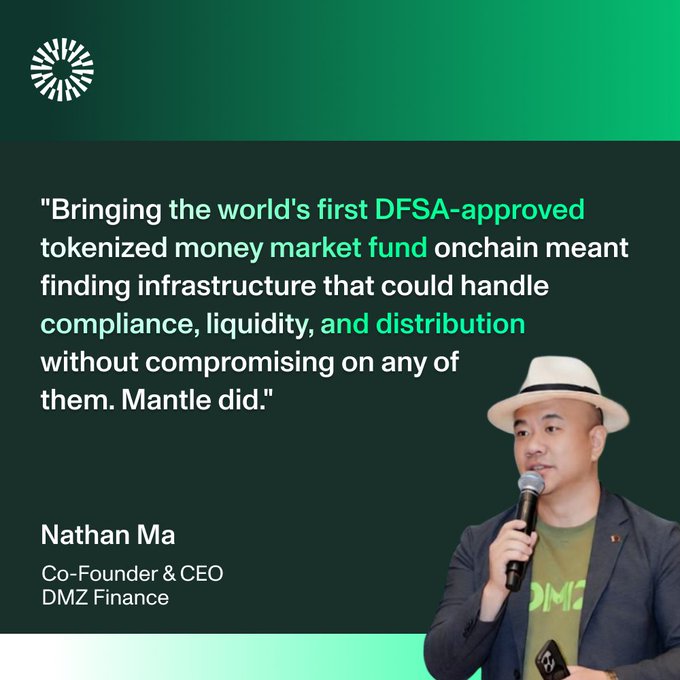 The image features a man wearing a white hat standing next to a microphone, holding it up as if he's speaking at an event or addressing an audience. The background of the image is green with a sunburst pattern, giving it a vibrant and lively atmosphere. The caption below the image reads "When @DMZ_Finance set out to bring the world'S first DFSA-approved tokenized money market fund onchain, the choice tells you what infrastructure clears the bar." This statement suggests that the man is talking about the financial industry's decision to invest in a specific type of infrastructure.