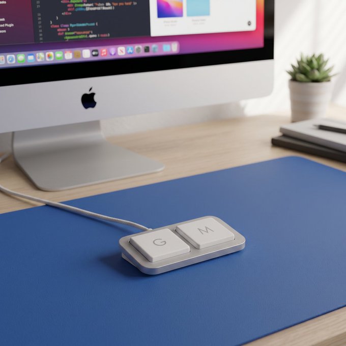 An Apple iMac computer on a wooden desk with two white keys labeled 'G' and 'M' placed on a blue desk mat, along with a small potted plant.