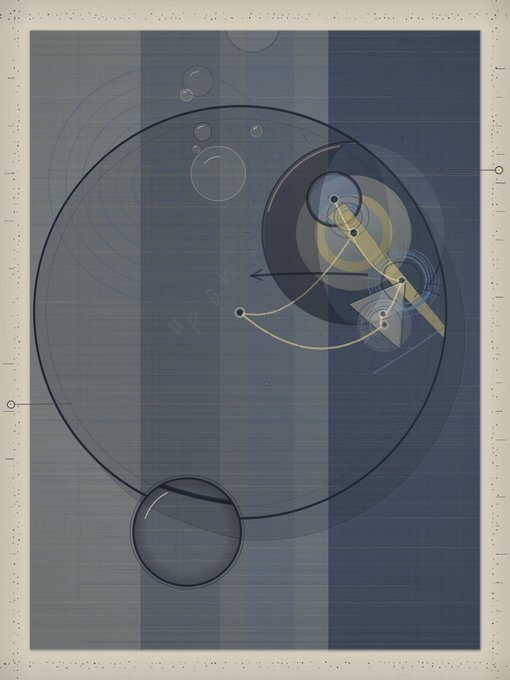 A blueprint-style technical drawing on blue grid paper depicting geometric circles, arcs, and mechanical linkages in dark blue and yellow tones.