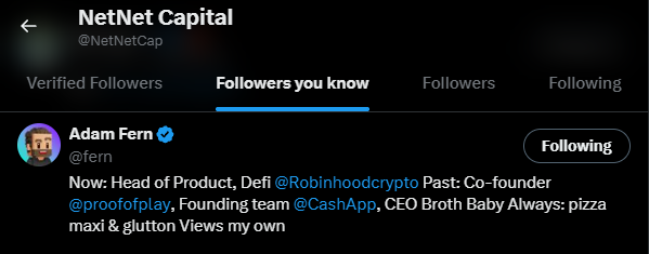 Screenshot of NetNet Capital's Twitter "Followers you know" tab showing Adam Fern (@fern), Head of Product/DeFi at Robinhood Crypto, listed as a follower. The post highlights that the Head of Product and DeFi at Robinhood follows a major DeFi protocol on Robinhood Chain, which has 3M circulating supply, 33M FDV, and a 28M+ treasury.