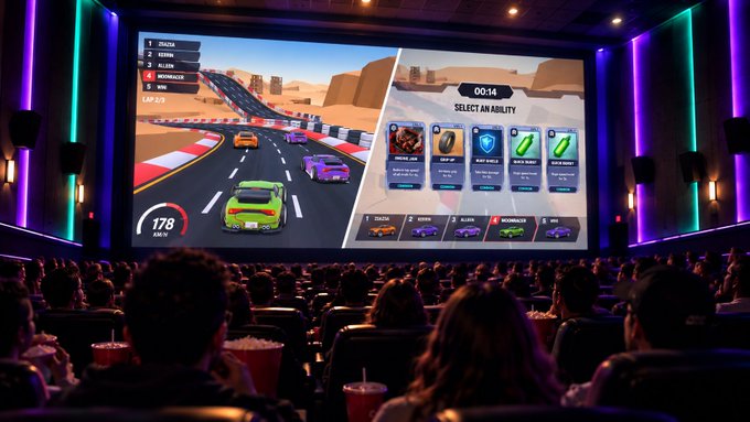 A movie theater scene showing an audience watching a racing game on the big screen, with the player selecting an ability card at 'LAP 2/3' while racing cars like the 'GIASONE', 'KEENUN', and 'MURMURACK'.