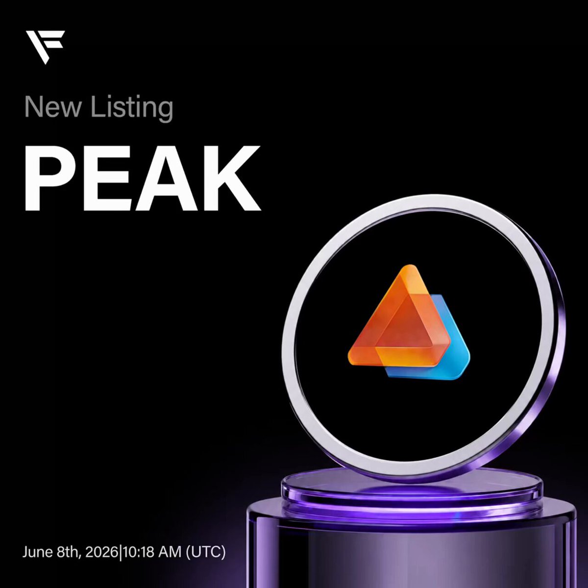 The image features a purple circle with an orange triangle inside, which appears to be a logo for a new listing platform called "peak". The platform is named after the famous landmark, Peak, located in San Francisco, California. The post also mentions that there are trading pairs available on this platform, including USDT and ETH tokens. Additionally, it highlights that the platform is live and open for trading at June 8th, 2026, 10:18 AM (10:18 AM) (UTC).