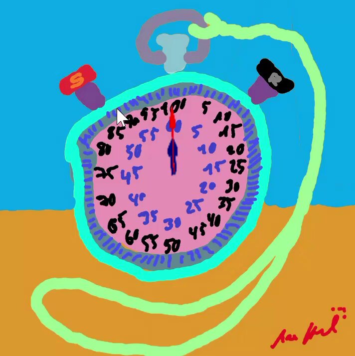 The image features an abstract art piece of a clock, which has been rendered using MS Paint and HTML. The clock is designed with a pink background and green accents, giving it a unique and colorful appearance. The clock's hands are positioned at different points on its face, indicating various times or time intervals. The post includes the text "SLOP STOP" in the bottom right corner of the image, which could be interpreted as a playful or humorous message related to the artwork.