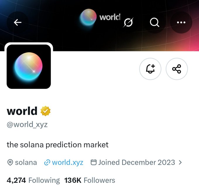 A Twitter/X profile page for 'world' (@world_xyz), described as 'the solana prediction market', with 136K followers and a verified badge.