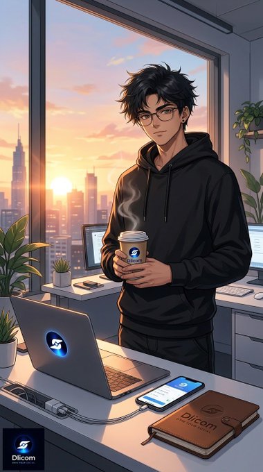 An anime-style illustration shows a young man with glasses holding a coffee cup, standing in a modern workspace with a laptop, phone, and city skyline visible through the window; 'Dilcom' branding appears multiple times.