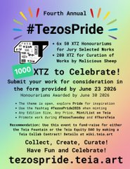 The image features a poster for an event called "TezosPride" that took place in June 2016. The poster includes text about the event, such as the submission of work for consideration or the creation of art by a fellow artist. There is also a link to a website where one can learn more about the event and participate.