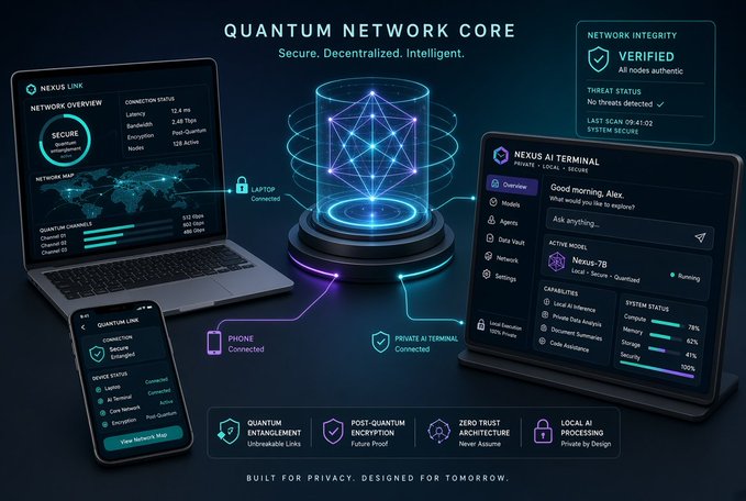 A futuristic tech graphic titled 'QUANTUM NETWORK CORE' showing various devices including a laptop, phone, and tablet displaying network data, connected to a glowing central node, with text like 'NEXUS LINK', 'SECURE', and 'VERIFIED'.