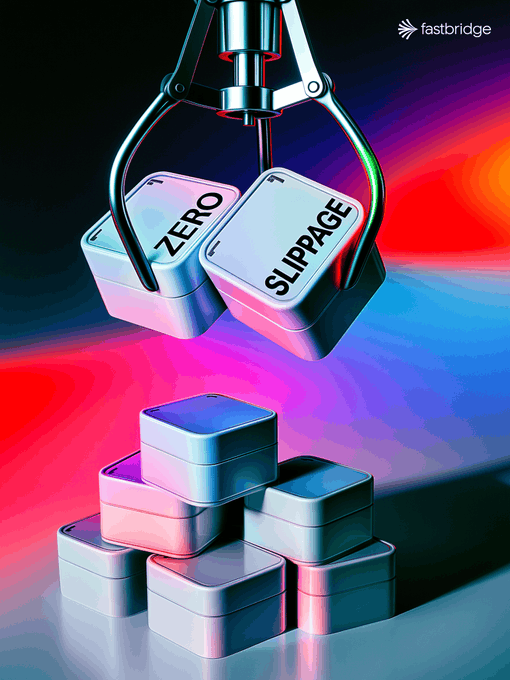 A promotional graphic by fastbridge featuring a mechanical claw gripping two cubes labeled 'ZERO' and 'SLIPPAGE' above a stack of similar cubes, set against a vibrant red and blue background.