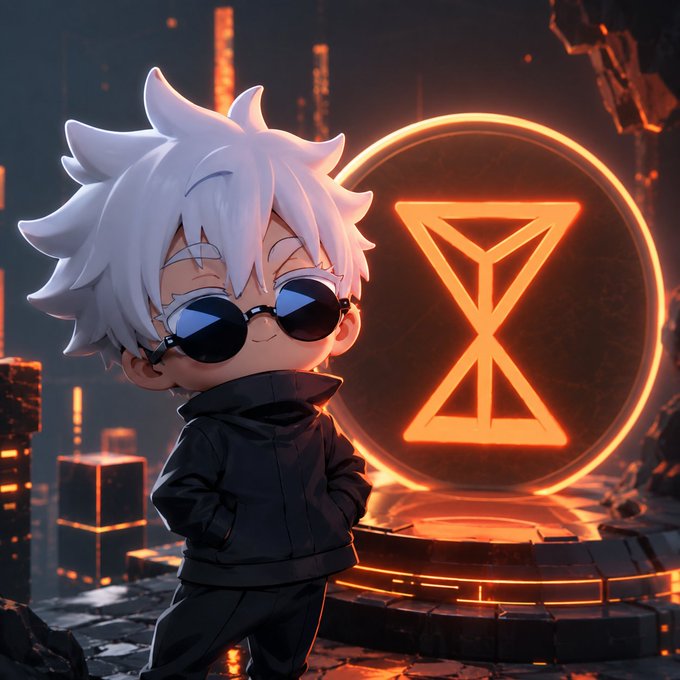 A chibi-style 3D rendered character with spiky white hair, round sunglasses, and a black coat stands before a glowing orange hourglass symbol in a dark, futuristic cityscape.