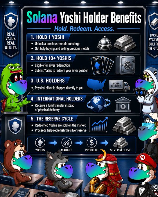 A promotional graphic for "Solana Yoshi Holder Benefits" outlines a five-tier silver-backed NFT program—ranging from "Hold 1 Yoshi" for precious-metals concierge access to "International Holders" receiving fund transfers—framed by cartoon characters wearing rainbow Yoshi masks. The infographic visually reinforces the post's message about backing builders expanding beyond Cronos, highlighting the NFT-to-silver redemption cycle as the project's key utility.