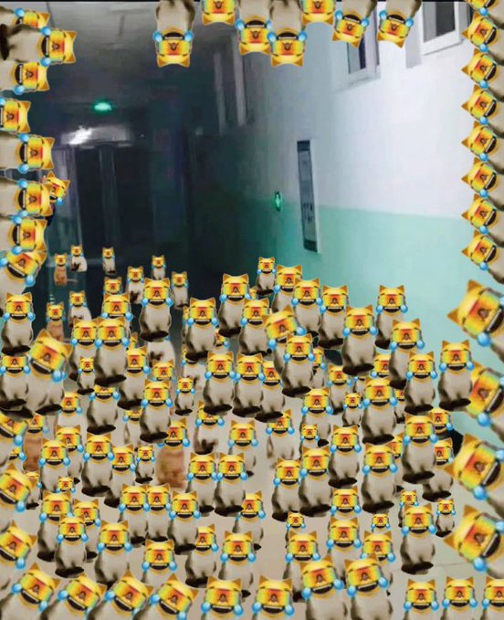 A dimly lit hallway is completely covered in an AR-style digital filter showing dozens of cartoon hamster characters wearing yellow hats and blue shoes, with one small orange cat visible among them.