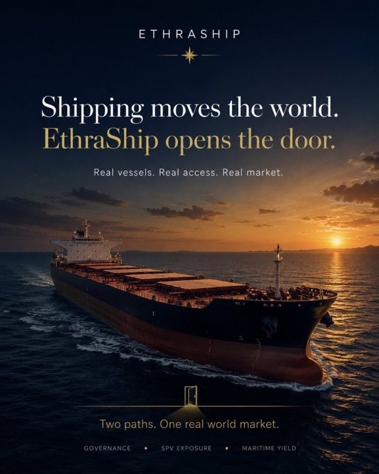 A promotional advertisement for 'ETHRASHIP' featuring a large cargo ship on the ocean at sunset with the tagline 'Shipping moves the world. EthraShip opens the door.' and 'Real vessels. Real access. Real market.' highlighting Governance, SPV Exposure, and Maritime Yield.