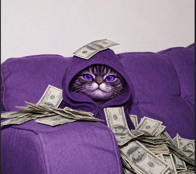 An AI-generated image of a cat with purple eyes wearing a purple hoodie, sitting on a matching purple couch surrounded by stacks of hundred-dollar bills.