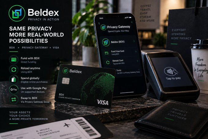 Promotional banner for Beldex advertising 'SAME PRIVACY MORE REAL-WORLD POSSIBILITIES' with their BDX card, phone app showing a Privacy Gateway, and a payment terminal on a marble counter.