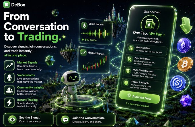 An advertisement for DeBox app with the headline 'From Conversation to Trading,' highlighting features like Voice Rooms, Market Signals, and Gas Account.